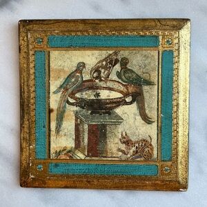 Vintage Hand Painted on Wood Florentine Birds at Fountain